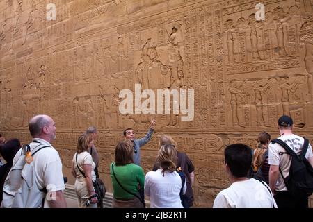 Egypt, EdfuTourist guide at work in the tempel of Edfu dedicated to the god Horus. In the time christians were in power the facial features of the ima Stock Photo