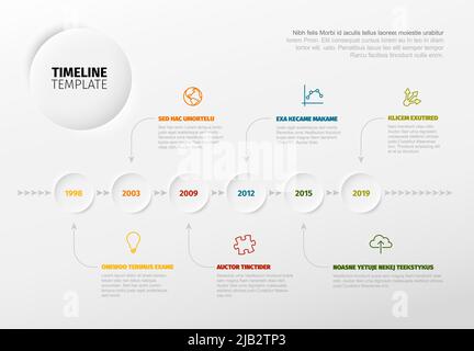 Vector Infographic timeline template with horizontal line made from arrows and relief circles with milestones years, icons and various descriptions Stock Vector