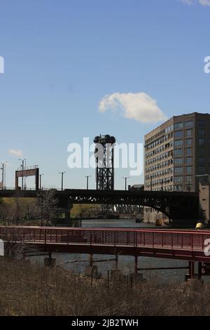 A very tall steel truss structure standing in the industrial district. Stock Photo