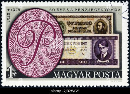 HUNGARY - CIRCA 1976: A stamp printed in Hungary shows banknotes of 1925 and 1975, circa 1976. Stock Photo