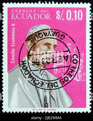 ECUADOR - CIRCA 1966: A stamp printed in Ecuador shows Pope Paul VI and Nativity, circa 1966. Stock Photo