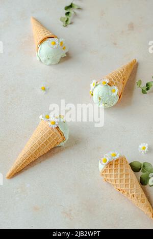 Pistachio ice cream in a horn is decorated with chamomile flowers and eucalyptus. Summer seasonal cold sweet healthy kids dessert. flat lay Stock Photo