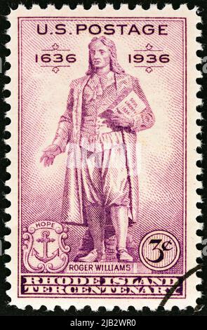 USA - CIRCA 1936: A stamp printed in USA shows Roger Williams (from statue in Roger Williams Park, Providence, R. I.), circa 1936. Stock Photo