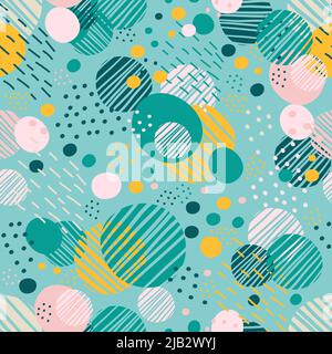 Geometric shapes, dots, lines and rounds elements abstract seamless pattern in minimalism style. Trendy colors. Vector background for social media, ca Stock Vector