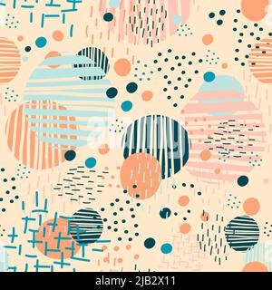 Geometric shapes, dots, lines and rounds elements abstract seamless pattern in minimalism style. Trendy colors. Vector background for social media, ca Stock Vector