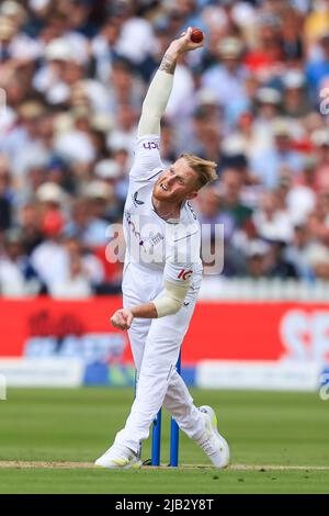 Lord's Cricket Ground, London, UK. 2nd June, 2022. Ben Stokes of England bowling Credit: News Images /Alamy Live News Stock Photo