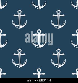 Vector Seamless Pattern with Hand drawn Anchor. Design Template for Textile, Apparel, Wallpapers. White Anchor on Blue. Antique Vintage Marine Anchors Stock Vector