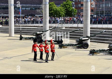 Queen's Platinum Jubilee celebration, Roald Dahl Plass, Cardiff Bay, Wales Stock Photo