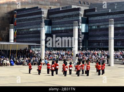 The Regimental Band of the Royal Welsh performing for the Queen's platinum jubilee, Roald Dahl Plass, Cardiff Bay, Wales Stock Photo