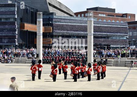 The Regimental Band of the Royal Welsh performing for the Queen's platinum jubilee, Roald Dahl Plass, Cardiff Bay, Wales Stock Photo
