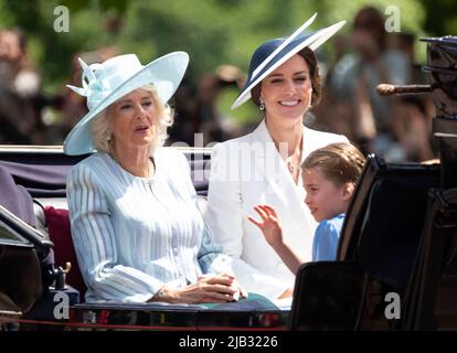 June 2nd, 2022. London, UK. The Duchess of Cambridge, Princess Charlotte and The Duchess of Cornwall riding in a carriage during Trooping the Colour, part of the Platinum Jubilee celebrations. Credit: Doug Peters/EMPICS/Alamy Live News Stock Photo