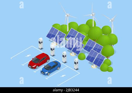 Isometric Car charger. Electromobile charging station. Caron renewable solar wind energy in network grid. Stock Vector