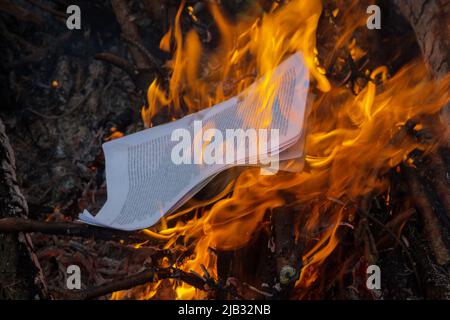 Bonfire. The flame of fire burns sheets of paper, books or documents. Elimination of evidence. Stock Photo
