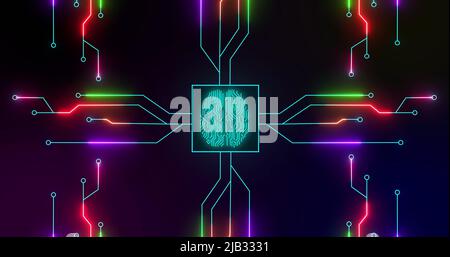 Image of green glowing human brain with computer mother board circuit over black background Stock Photo