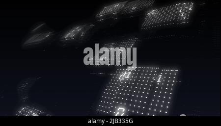 Image of binary coding data processing over screens on black background Stock Photo