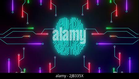 Image of green glowing human brain with computer mother board circuit over black background Stock Photo
