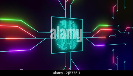 Image of green glowing human brain with computer mother board circuit over black background Stock Photo