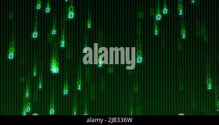 Image of green binary coding data processing over black background Stock Photo