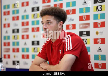 Cardiff, UK. 02nd June, 2022. Joe Rodon of Wales speaks to the