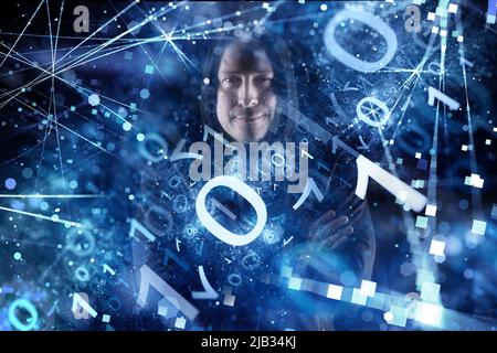 Hacker in hood with glowing binary codes zero and one Stock Photo