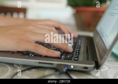 Woman use desktop computer for smart business working,home tech lifestyle Stock Photo