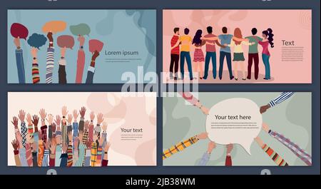 Diversity inclusion and equality concept.Group of people embraced viewed from behind. Raised hands. Hands holding speech bubble.Editable set brochure Stock Vector
