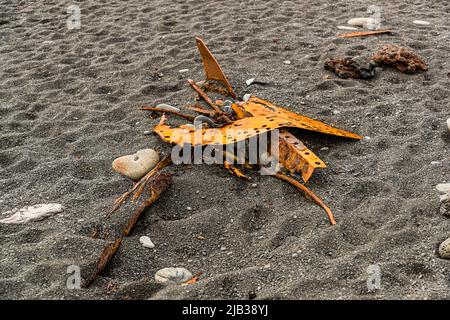 The iron remains on the beach are from the British trawler Epine GY 7, which was wrecked east of Dritvík (Iceland) on the night of 13th March 1948 Stock Photo