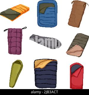 Sleeping bag icons set cartoon vector. Adventure blanket Stock Vector ...