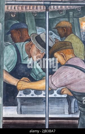 detail, north wall, The Detroit Industry Murals (1932–1933), frescoes by Diego Rivera, depicting industry at the Ford Motor Company and in Detroit, US Stock Photo