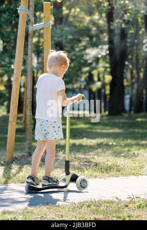 Little boy riding scooter. Kids ride kick board. Child playing on suburban street on sunny summer day. Healthy outdoor activity. Cute kid on his way t Stock Photo