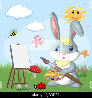 Cartoon rabbit, hare artist with brush, paints, easel. Cute child character, symbol of 2023 new chinese year. Stock Vector