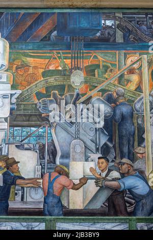 detail, north wall, The Detroit Industry Murals (1932–1933), frescoes by Diego Rivera, depicting industry at the Ford Motor Company and in Detroit, US Stock Photo