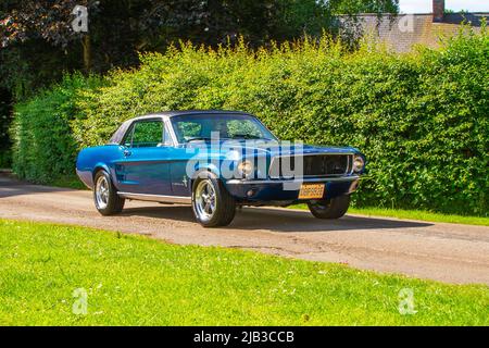 1967 60s sixties Blue Ford Mustang 4942 cc petrol, arriving in Worden Park Motor Village for the Leyland Festival, UK Stock Photo