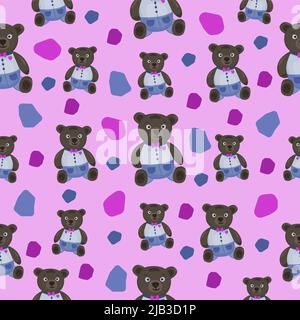 Cute Cartoon Bear With Bow Tie On Pink Background. Vector Illustration 