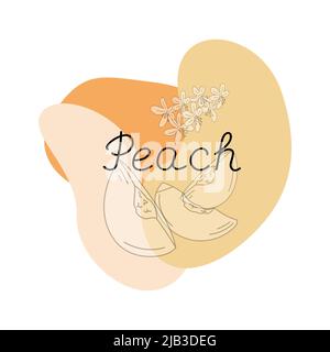 Abstract orange shapes with Peach lettering and with peach slices and flowers. Stock Vector