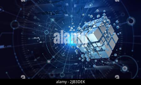 Blockchain technology. Big data processing, fintech and digital innovation. Cyberspace concept of future. Information block and cryptocurrency Stock Photo