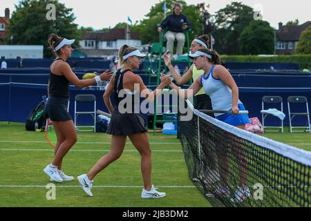 London, UK. 2nd June 2022. 2nd June 2022; Surbiton Racket & Fitness  Club, Surbiton, London, England: Surbiton Trophy Tennis tournament: Ingrid  Gamarra Martins (BRA) / Emily Webley-Smith (GBR) plays a backhand volley