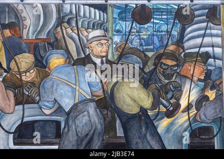 detail with manager, The Detroit Industry Murals (1932–1933), frescoes by Diego Rivera, depicting industry at the Ford Motor Company,  Detroit, USA Stock Photo