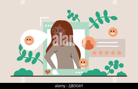 Feedback form survey online questionnaire with character. People review satisfaction on computer vector illustration concept. Research user support an Stock Vector