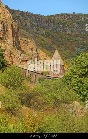 Geghard Monastery, medieval monastery complex partially cut directly into the mountain rock, located in Kotayk province, Armenia Stock Photo