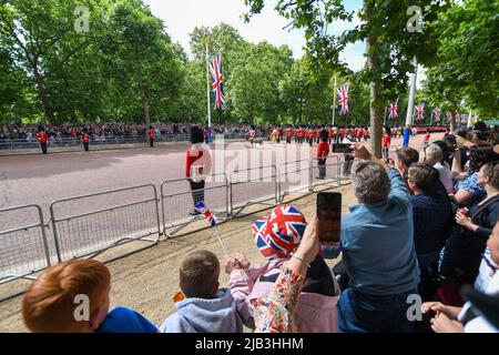 London, UK, 2nd Jun 2022, Trooping the Colour along the Mall. The Coldstream Guards play and march for the Queens Platinum Jubilee. , Andrew Lalchan Photography/Alamy Live News Stock Photo