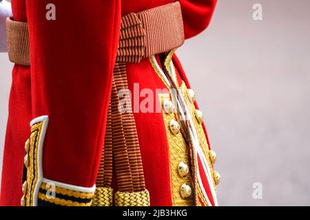 London, UK, 2nd Jun 2022, Trooping the Colour along the Mall. The Coldstream Guards play and march for the Queens Platinum Jubilee. , Andrew Lalchan Photography/Alamy Live News Stock Photo