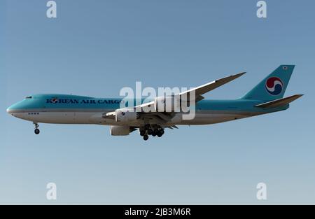 Korean Air Cargo Boeing 747-8F with registration HL7617 shown approaching Los Angeles International Airport, California, USA on April 23, 2022 Stock Photo