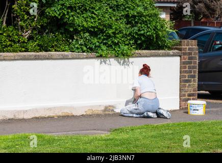 Women kneeling on the ground on a public pavement while painting a, exterior garden wall in white. Stock Photo