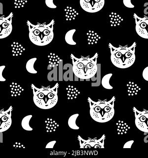 Cute owls, black and white seamless pattern Stock Vector