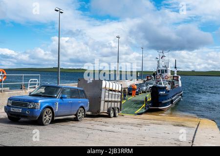 The Eynehallow ferry disembarking at Brinian on the Island of Rousay, Orkney Islands, Scotland.