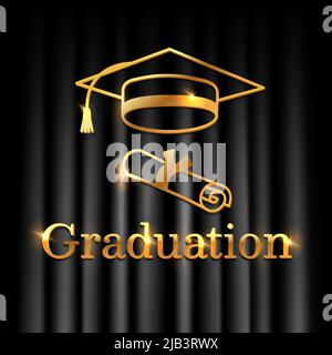Golden congratulatory shiny poster for graduation with text, hat, diploma on a dark background. Black and gold color. Vector illustration. Stock Vector