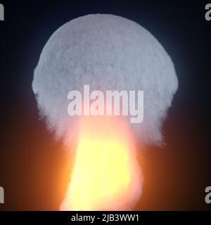 Fiery explosion with smoke cap on a dark background. Blurred image. 3d rendering. Stock Photo
