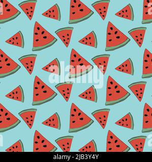 hand-drawn seamless pattern of watermelon slices on blue background. vector illustration. Stock Vector