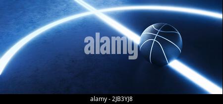 Modern Basketball and glowing lines on play field. Abstract theme of ball sport equipment. Neon sport concept. Stock Photo